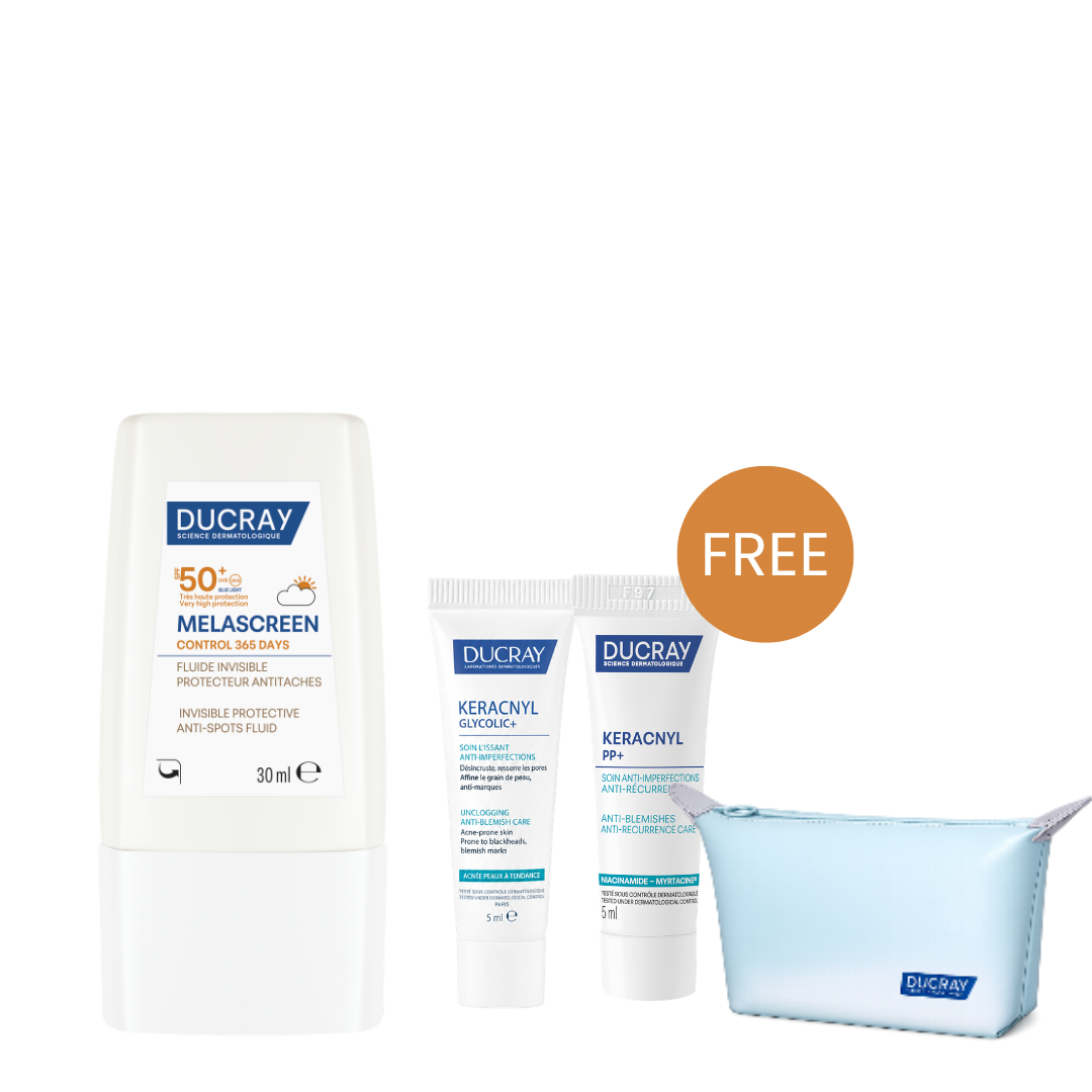 Buy Melascreen Control 365 Days Invisible Protective Anti Spots Fluid SPF 50 30 ML & Get Free Gift - Ducray Keracnyl glycolic 5ml + Gift - Ducray Keracnyl PP+ anti-imperfections cream 5mL + Gift - Ducray Pouch